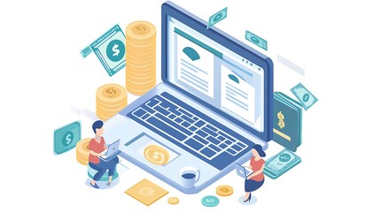 Illustration of online finance with a laptop, money, and people engaged in digital transactions.