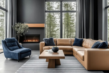 Obraz premium Beige leather sofa and blue fabric lounge chair in room with fireplace interior design of modern living room