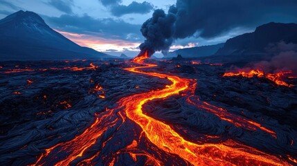 Lava flow from a volcano, dramatic landscape, dark sky, natural phenomenon.