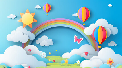 Naklejka premium Beautiful fluffy clouds on blue sky background with summer sun