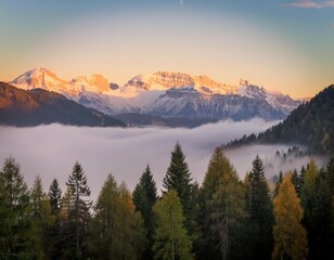 Obraz premium Rolling Fog Over a Quiet Mountain Valley, Surrounded by Snow-Capped Peaks and Dense Pine Forests, Creating a Mysterious Atmosphere as the First Light of Dawn Breaks