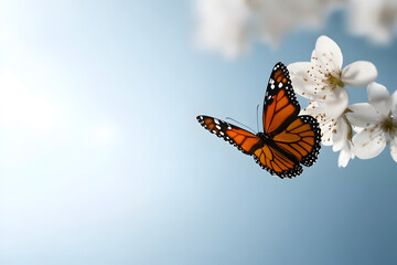 Fototapeta premium A beautiful image of a butterfly landing on a flower petal, capturing the delicate beauty of nature. A butterfly resting on a blossom.