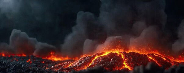 Lava flow erupting from a volcanic summit with smoke, dramatic nature scene.
