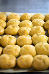 Close up image of bread rolls in a bakery
