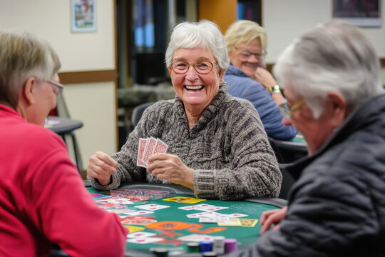 Group of elderly friends enjoying a friendly card game together