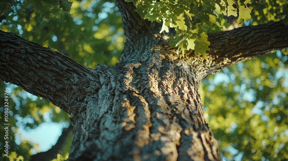 Poster close-up view of a tree trunk with green leaves against a clear blue sky.
