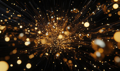 Fototapeta premium Golden fireworks explosion with sparkling lights in 3D rendering