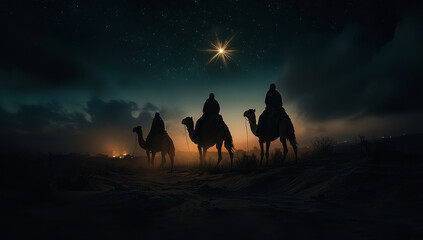 The three magi journey through the desert under starlit sky