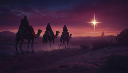 Three wise men riding camels in the desert under a starry night