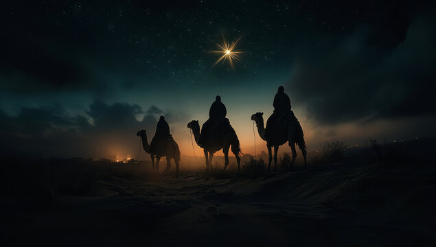 The three magi journey through the desert under starlit sky