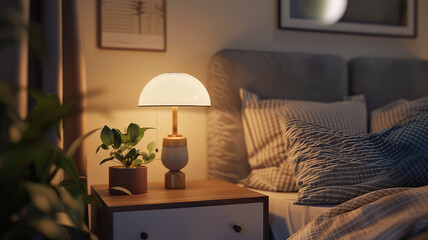 Bedroom interior, nightstand with lamp and home plant near bed
