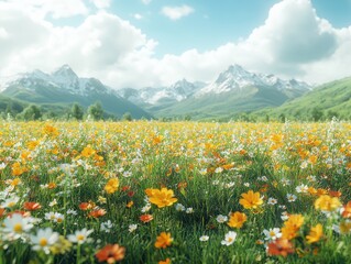Obraz premium Vibrant close-up of lush grass and colorful wildflowers, showcasing intricate details for advertising applications