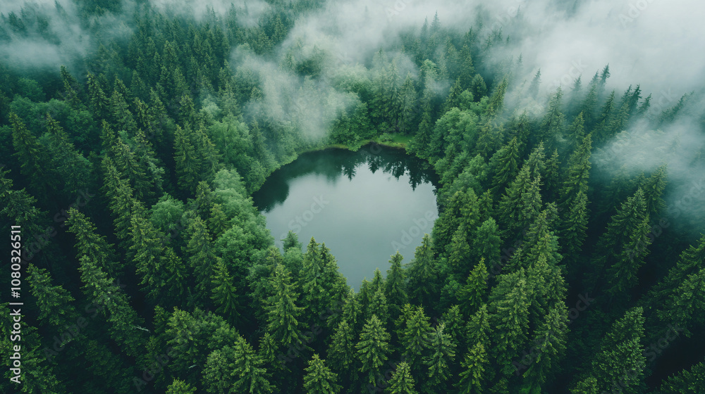 Poster serene and magical atmosphere created by lush green pine trees surrounding a heart shaped lake in an