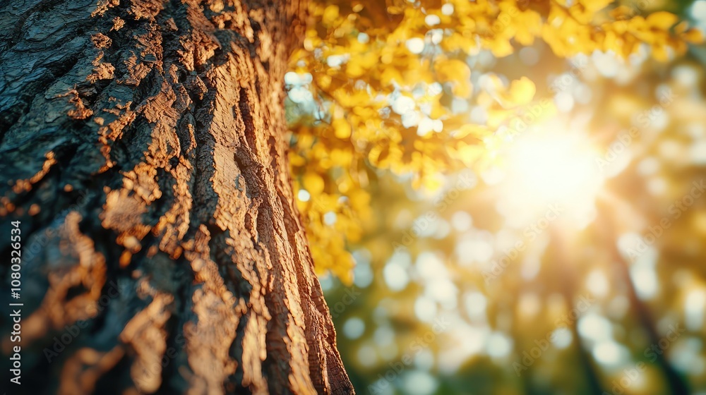 Poster Close-up of tree trunk with sunlight filtering through leaves, nature background.