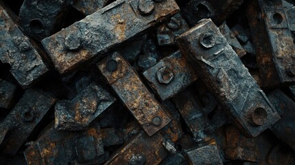 Close-Up View of Rusty Metal Blocks Piled Together Showing Textures and Details, Ideal for Use in Industrial, Manufacturing, or Abstract Design Projects