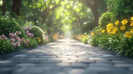 Obraz premium A serene garden pathway lined with vibrant flowers and greenery.