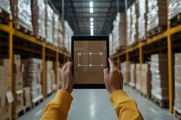 A female professional is holding tablet in warehouse, showcasing digital measurements. setting is filled with stacked boxes, emphasizing busy logistics environment