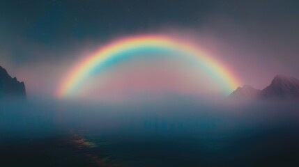 Enchanting Rainbow Emerges Above Misty Mountains and Serene Waters at Dusk, Casting a Magical Glow Across the Tranquil Landscape and Inviting Awe