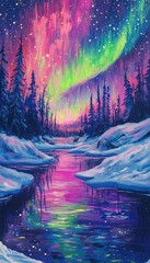 Psychedelic aurora borealis over an icy lake, with bright pinks, purples, and greens reflecting on the water's surface