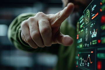 A focused individual interacts with futuristic digital interface, showcasing advanced data analytics and technology. scene conveys sense of innovation and engagement in high tech environment