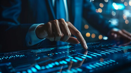 Businessman one hand index finger touching on financial data and economic growth graph chart