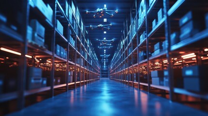 Obraz premium AIcontrolled drones scanning cargo containers at a logistics hub, logistics inspection, techpowered quality control