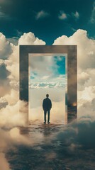 A person stands before a surreal door in the clouds, contemplating the horizon at dawn