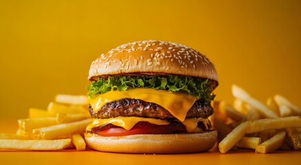 Close up of a tasty hamburger with french fries on a colorful background. It consists of lettuce, tomato slices, ketchup, a French style meat patty and a bun wrapped in sesame seeds.