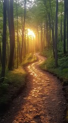 Fototapeta premium Lush woodland path, winding trail meandering through dense greenery, dappled sunlight filtering through leaves, serene and inviting atmosphere