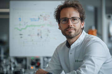 A focused engineer in lab coat is captured in tech driven environment, showcasing blend of professionalism and innovation. background features complex data charts, emphasizing commitment to advanced e