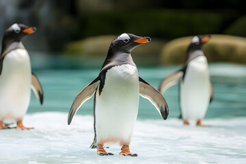 Obraz premium A tranquil scene of a family of penguins waddling on the ice, showcasing their playful nature. Penguins enjoying a day on the ice.