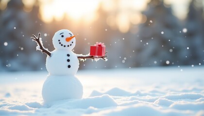 Obraz premium Cheerful snowman presenting a gift in a snowy landscape during golden hour