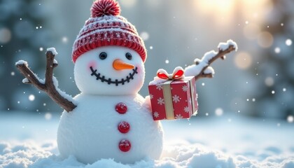 Obraz premium Charming snowman holding a gift with a big smile in a snowy landscape during sunset