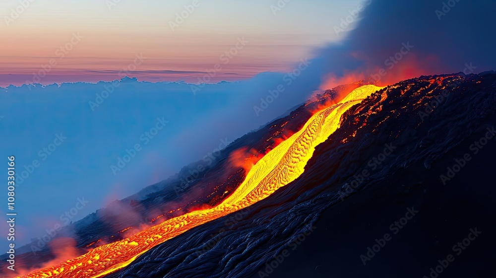 Poster lava flowing from a volcano at sunset, creating a stunning natural landscape.