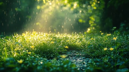 Obraz premium Morning Dew on Lush Grass, sunlight glistening on vibrant blades, showcasing nature's beauty in stunning clarity and detail