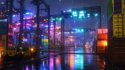 A bustling cargo port with containers reflecting vibrant neon lights, night logistics, urban transport hub