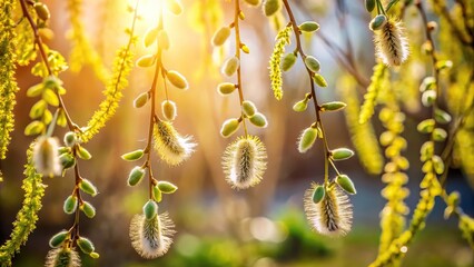 Bloom of dangling earrings on willow branches in sunlight nature with Salix caprea seeds closeup Long Shot