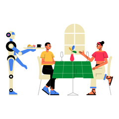 Robot Serving Food To A Couple Dining In Flat Vector Illustration Symbolizing AI In Restaurant Service, Isolated On White Background