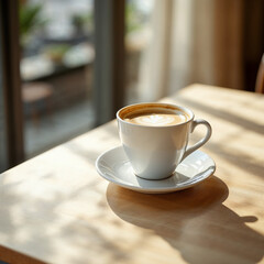 Fototapeta premium Concept photo of a cup of coffee on light wooden table with space for text