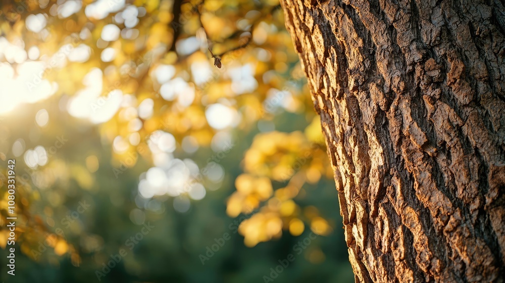 Poster Close-up of a tree trunk with sunlight filtering through leaves.