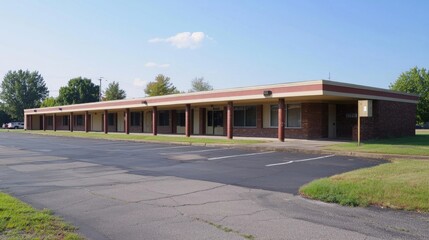 Deserted single-story commercial building on quiet street with empty parking lot in daytime near suburban area