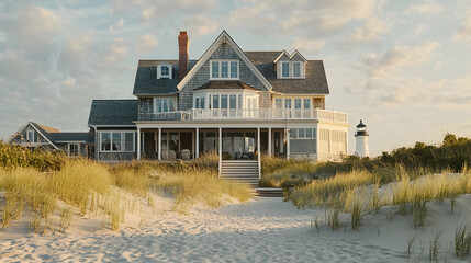 Nantucket shingle style beach estate with private dunes and lighthouse views, classic New England coastal sanctuary