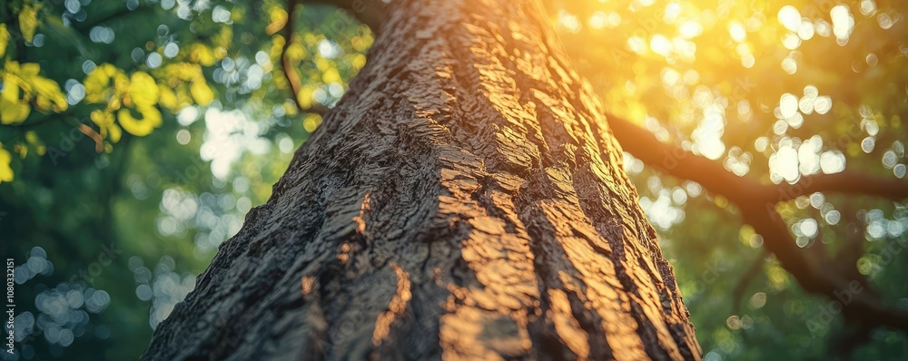 Aufkleber tree trunk with sunlight filtering through green leaves in a forest setting.