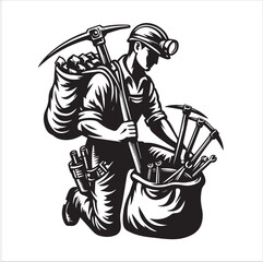 Coal Miner Kneeling with Tools and Sack. This vintage-style illustration features a coal miner kneeling with a pickaxe over his shoulder, a sack of coal on his back, and another sack containing tools.