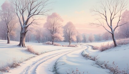 Obraz premium Enchanting snowy landscape with winding pathway and frost-covered trees at dawn