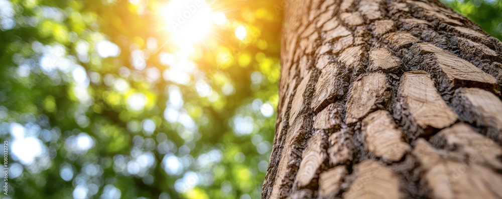 Poster Close-up of a tree trunk with sunlight filtering through green leaves.