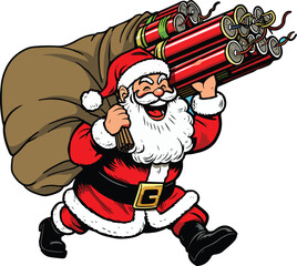 Santa carrying big firecrackers while laughing heartily