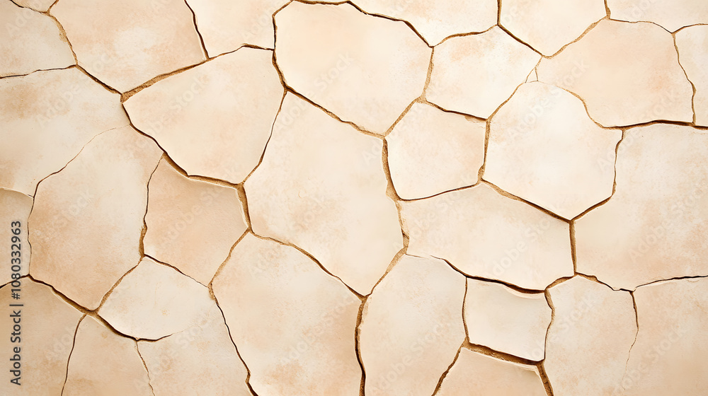 Poster A cracked, dry surface with a light beige color, showcasing a textured pattern of irregular shapes and lines.
