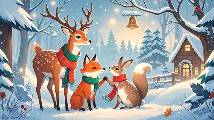 Obraz premium A deer, fox, and rabbit wearing scarves stand in a snowy forest, a wooden cabin with glowing windows in the background.