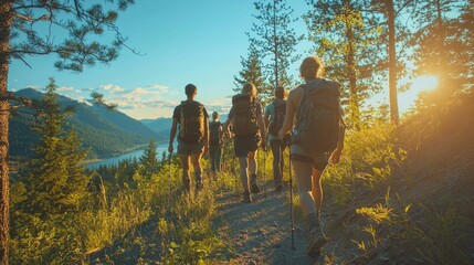 Group of friends joyfully hiking in a sunlit forest on a vibrant day, capturing moments of camaraderie and adventure in nature’s beauty